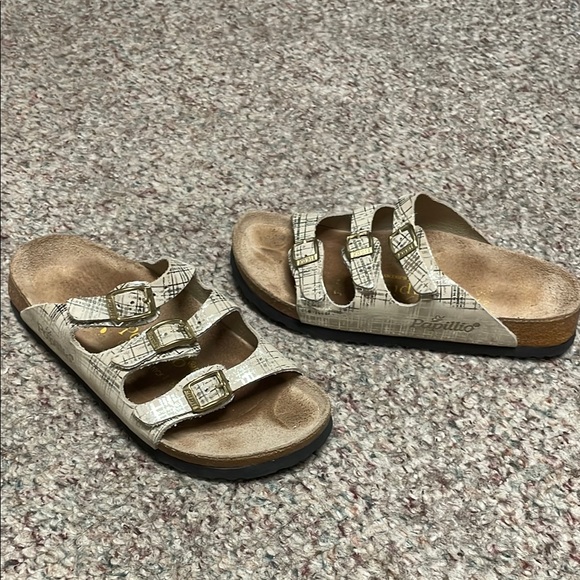 Birkenstock gold lacquer striped Triple Strap leather Sandals - Picture 1 of 10
